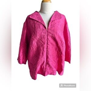 Eileen Fisher fushsia crinkle silk 3/4 sleeve button front tunic top in size 3X